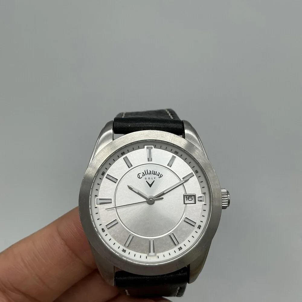 Callaway Golf Unisex Watch 33mm Silver Dial Black Leather Date 50m New Battery